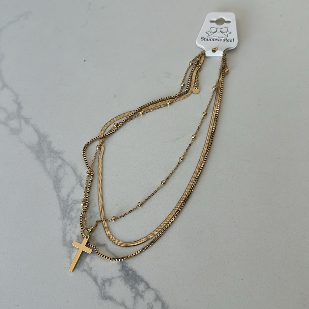 802. Stainless steel three layer cross necklace - Picture 2 of 3